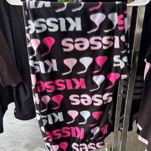 Black Plush pants with Pink & Light Blue 'KISS' Logo Pattern